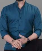 Men Regular Fit Solid Mandarin Collar Casual Shirt